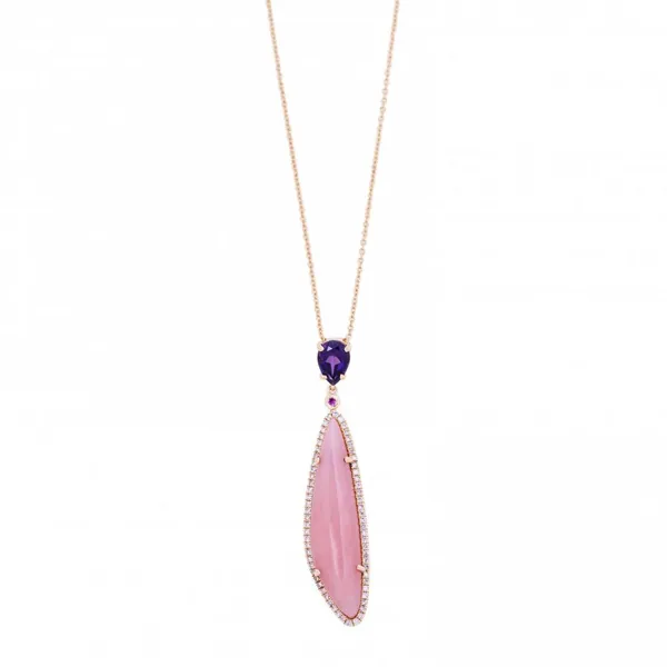 14KY Pink Opal, Diamond, Ruby, & Amethyst Necklace Erica DelGardo Jewelry Designs Houston, TX
