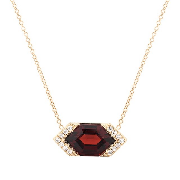 14KY Garnet & Diamond Geometric Necklace Erica DelGardo Jewelry Designs Houston, TX