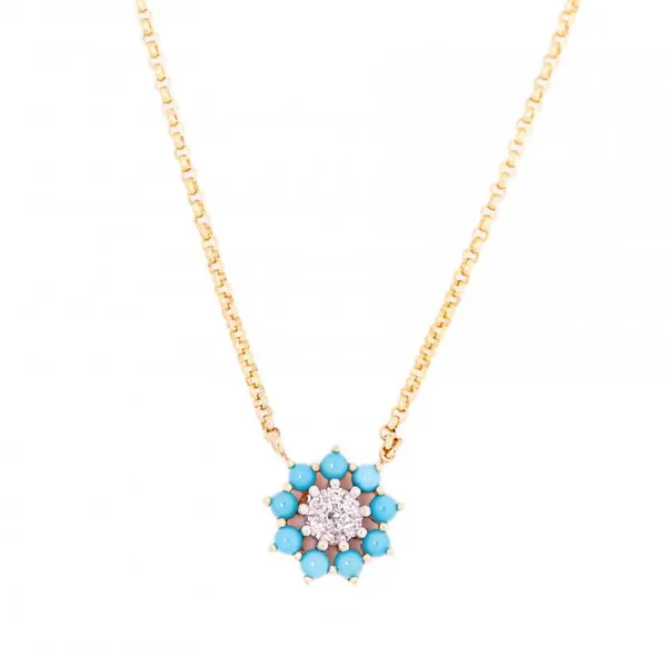 14KY Turquoise & Diamond Flower Necklace Erica DelGardo Jewelry Designs Houston, TX