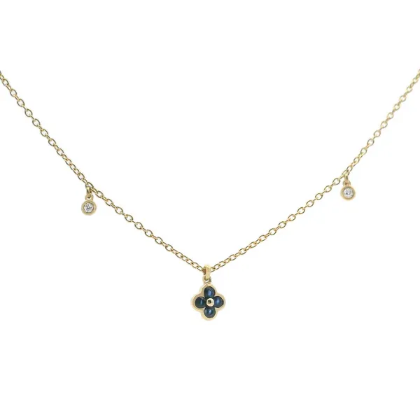 14KY Gold Sapphire Clover & Diamond Station Necklace. 16-18 Erica DelGardo Jewelry Designs Houston, TX
