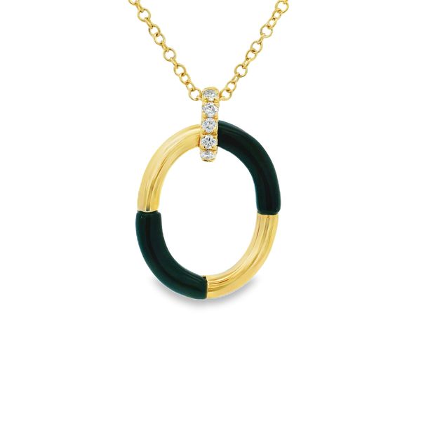 14K Yellow Gold Modern Open Oval Black Agate and Diamond Necklace Erica DelGardo Jewelry Designs Houston, TX