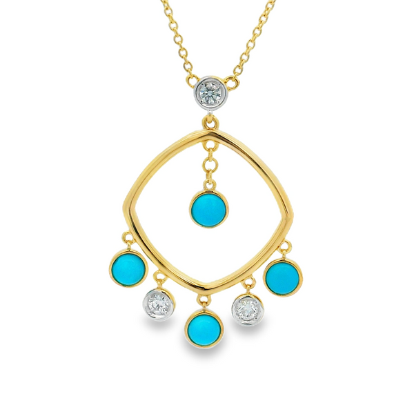14KY Turquoise & Diamond Chandelier Style Necklace 18