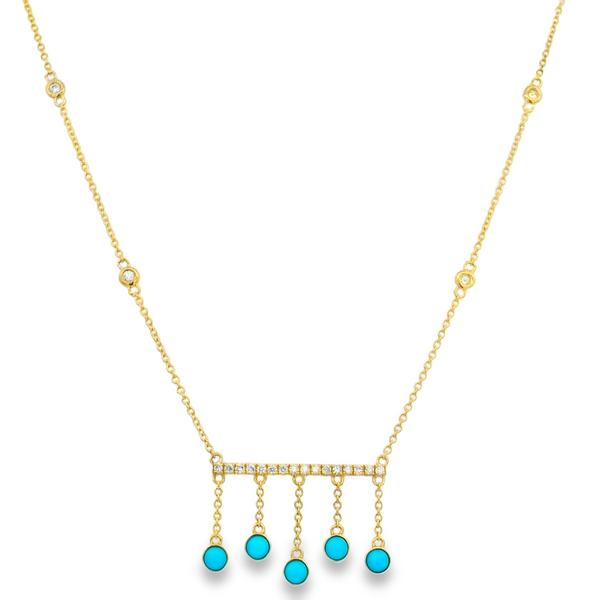 14KY Diamond Bar Necklace with Turquoise Drops 18
