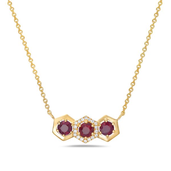 14KY Ruby & Diamond Hexagon Bar Necklace Erica DelGardo Jewelry Designs Houston, TX