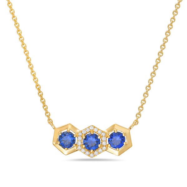 14KY Sapphire & Diamond Hexagon Bar Necklace Erica DelGardo Jewelry Designs Houston, TX