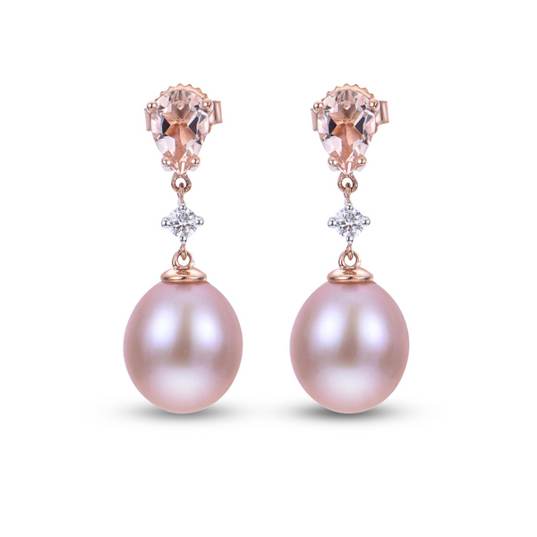 14KR Natural Pink Freshwater Pearl, Morganite, & Diamond Earrings Erica DelGardo Jewelry Designs Houston, TX