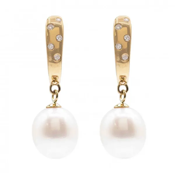 14KY 9mm Freshwater Pearl & Diamond Drop Earrings Erica DelGardo Jewelry Designs Houston, TX