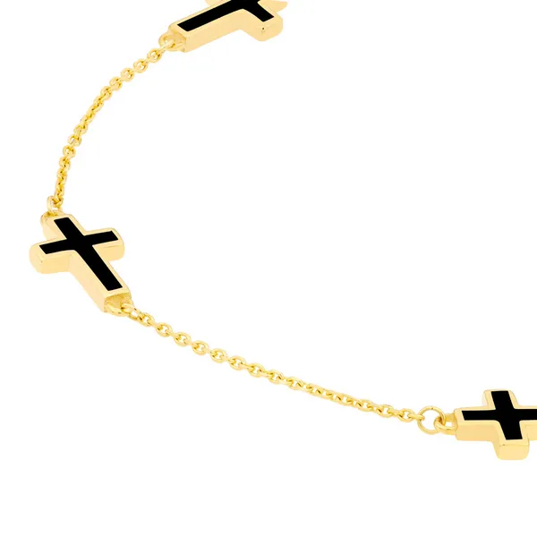 14KY Four Black Enamel Crosses Station Bracelet 6.5-7.5