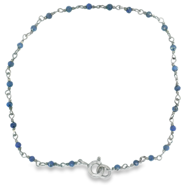 Sterling Silver Black Rhodium Dainty Lapis Beaded Bracelet 7