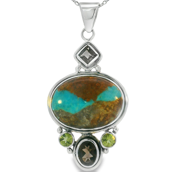 Sterling Silver Boulder Turquoise, Smokey Quartz & Peridot Pendant Erica DelGardo Jewelry Designs Houston, TX