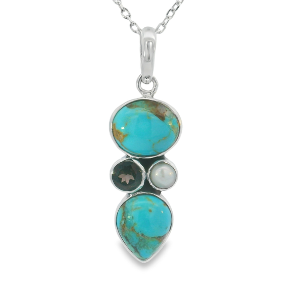 Sterling Silver Boulder Turquoise, Smoky Topaz, and Pearl Pendant Erica DelGardo Jewelry Designs Houston, TX