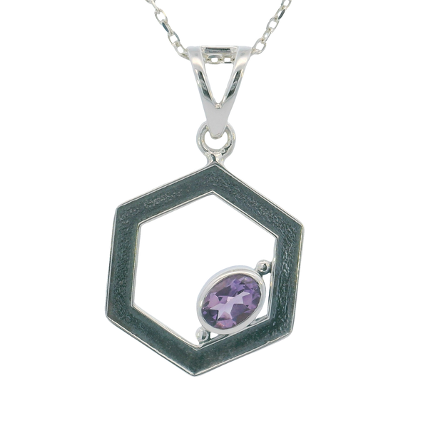 Sterling Silver Offset Amethyst Hexagon Pendant Erica DelGardo Jewelry Designs Houston, TX