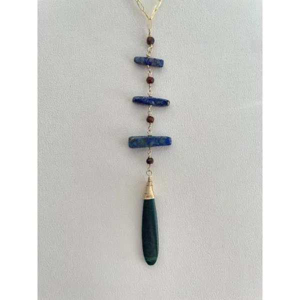 14KYGold Filled Wire Wrapped Y Necklace with Lapis, Jasper and African Green Jade Image 2 Erica DelGardo Jewelry Designs Houston, TX