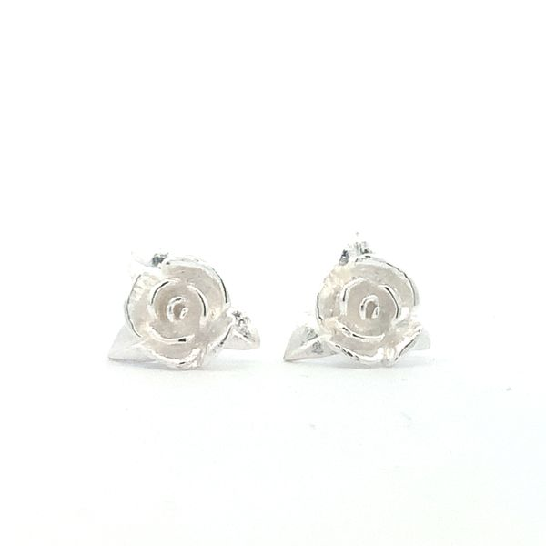 Sterling Silver Medium Rose & Leaves Stud Earrings Erica DelGardo Jewelry Designs Houston, TX
