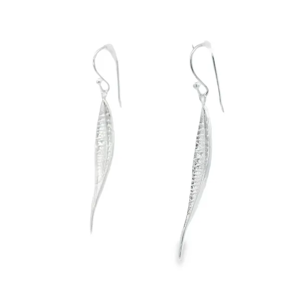 Sterling Silver Dangling Skinny Leaf Earrings Image 2 Erica DelGardo Jewelry Designs Houston, TX