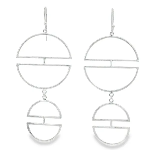 Sterling Silver Satin Long Geometric Circle Earrings Erica DelGardo Jewelry Designs Houston, TX