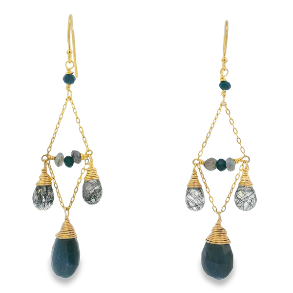 14K Gold Filled Chandelier Earrings w/ Tourmalated Quartz, Labradorite & Chalcedony Erica DelGardo Jewelry Designs Houston, TX