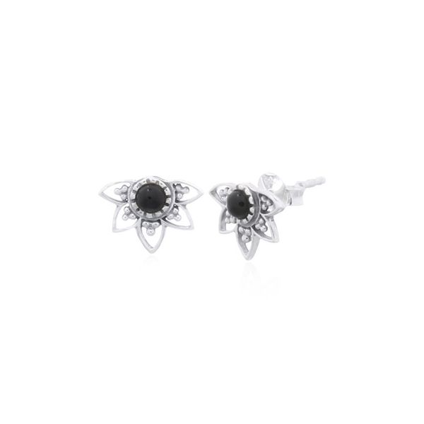 Sterling Silver Black Agate Half Mandala Earrings Image 2 Erica DelGardo Jewelry Designs Houston, TX