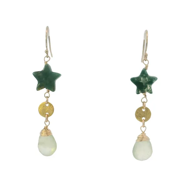 14KYGold Filled and Gold Plated Prehnite and Tibetan Agate Star Dangle Earrings Erica DelGardo Jewelry Designs Houston, TX