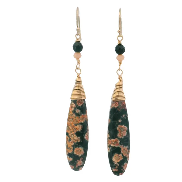 14KYGold Filled Red Obsidian Snowflake, Black Onyx and Peach Opal Dangle Earrings Erica DelGardo Jewelry Designs Houston, TX