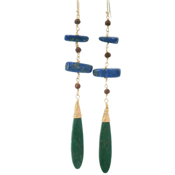 14KYGold Filled African Green Jade, Lapis and Jasper Dangle Earrings Erica DelGardo Jewelry Designs Houston, TX