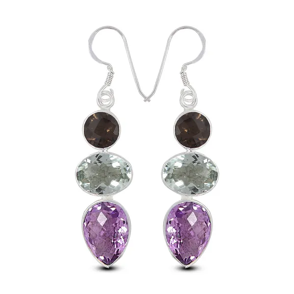 Sterling Silver Smoky Quartz, Green Amethyst, Amethyst Checker Board Cut Earrings Erica DelGardo Jewelry Designs Houston, TX
