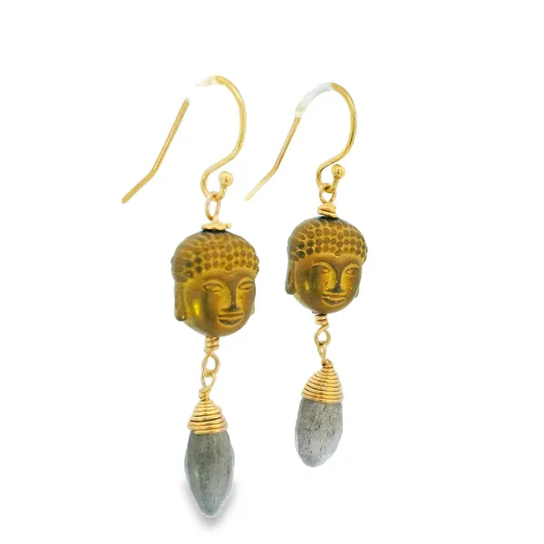 14K Gold Filled Pyrite Buddha Bead and Labradorite Dangle Earrings Image 2 Erica DelGardo Jewelry Designs Houston, TX
