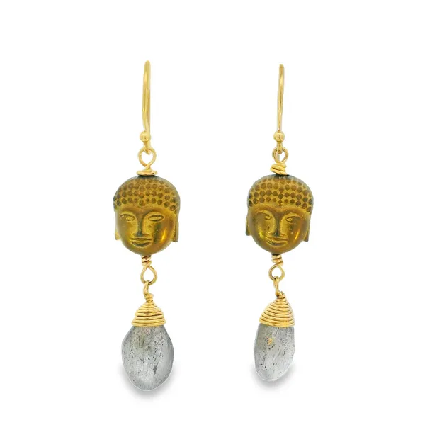 14K Gold Filled Pyrite Buddha Bead and Labradorite Dangle Earrings Erica DelGardo Jewelry Designs Houston, TX