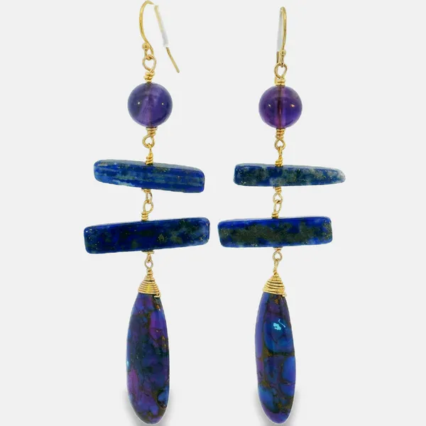 14KYGF Chunky Amethyst, Lapis & Purple Turquoise Dangle Earrings Erica DelGardo Jewelry Designs Houston, TX