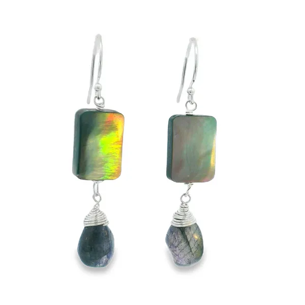 Sterling Silver Mother of Pearl & Purple Labradorite Dangle Earrings Erica DelGardo Jewelry Designs Houston, TX