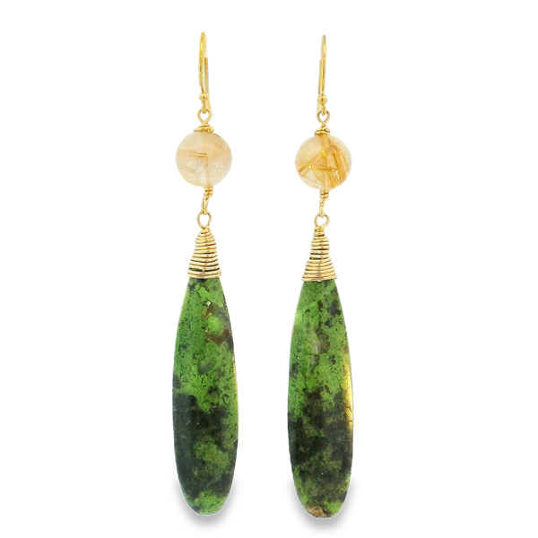 14K Gold Filled Green Parrot Chrysocolla & Rutilated Quartz Earrings Erica DelGardo Jewelry Designs Houston, TX