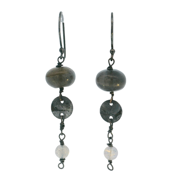 Sterling Silver, Black Rhodium & Patina Beaded Labradorite Earrings Erica DelGardo Jewelry Designs Houston, TX