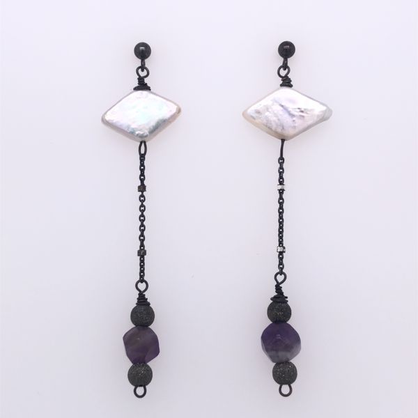 S.S./Blk Rhodium Wire Wrapped Pearl & Amethyst Chain Earrings Erica DelGardo Jewelry Designs Houston, TX