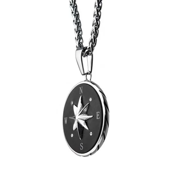 Stainless Steel & Black IP Engravable Compass Pendant with Long Steel Wheat Chains - 24