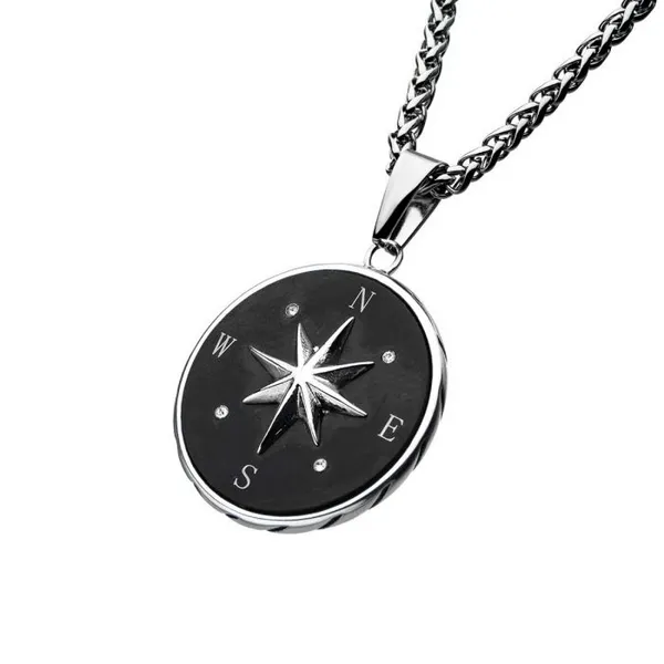 Stainless Steel & Black IP Engravable Compass Pendant with Long Steel Wheat Chains - 24