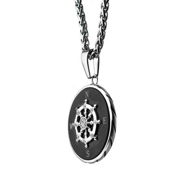 Stainless Steel Black Plated Ship's Wheel Compass Pendant w/ Chain Image 2 Erica DelGardo Jewelry Designs Houston, TX