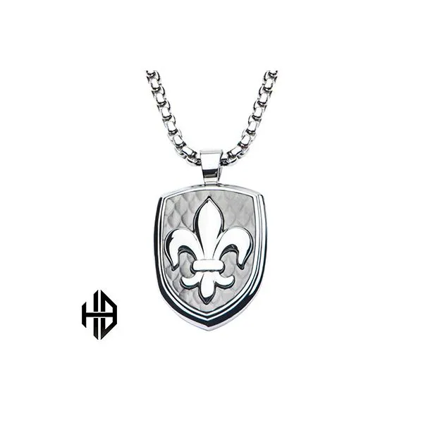Stainless Steel & Carbon Fiber Fleur de Lis Dog Tag Pendant with  Box Chain - 22