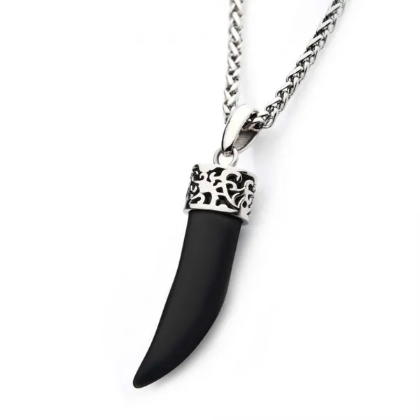 Stainless Steel Black Agate Horn Pendant Image 2 Erica DelGardo Jewelry Designs Houston, TX