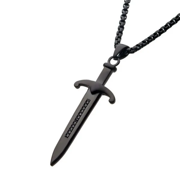 Stainless Steel Black Plated with BBlack Cubic Zirconia Celtic Sword Pendant with Chain - 24