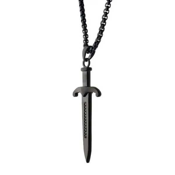Stainless Steel Black Plated with BBlack Cubic Zirconia Celtic Sword Pendant with Chain - 24