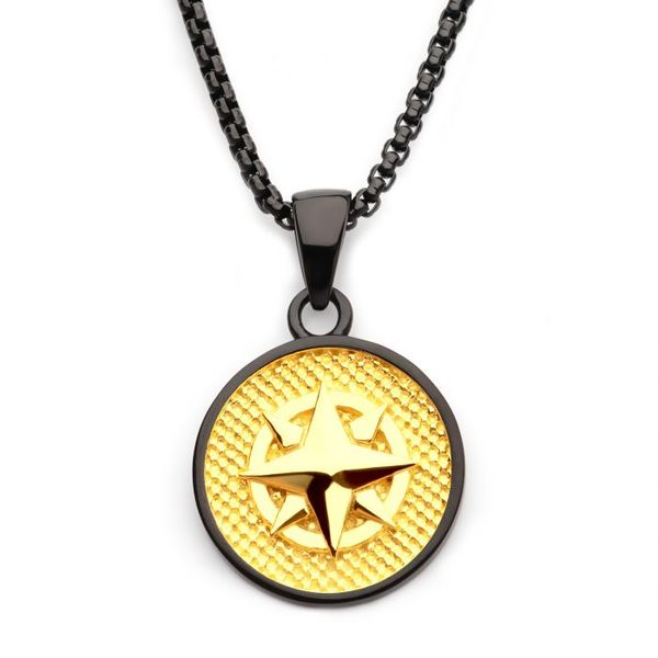 18K Gold IP Wayfinder Compass Medallion Pendant with Black IP Box Chain Erica DelGardo Jewelry Designs Houston, TX