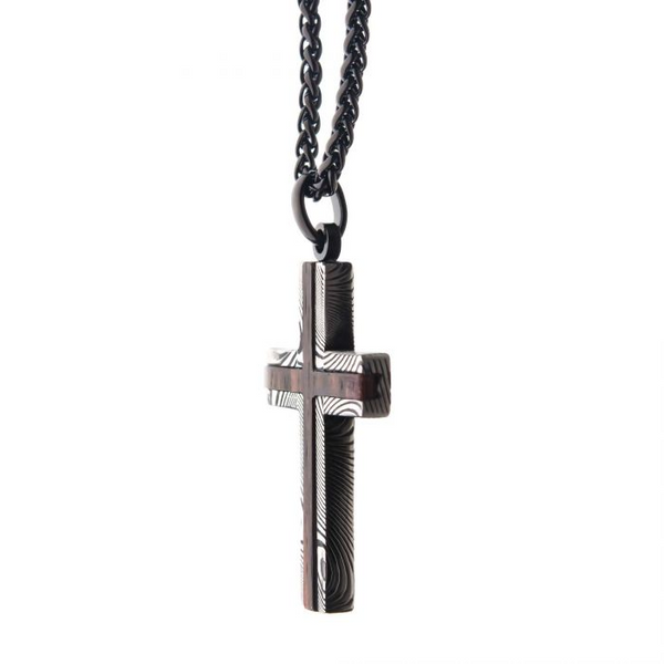 Black Plated Stainless Steel Damascus Cross with Ebony Wood Inlay & Black Round Wheat Chain Image 3 Erica DelGardo Jewelry Designs Houston, TX