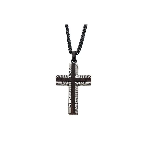 Black Plated Stainless Steel Damascus Cross with Ebony Wood Inlay & Black Round Wheat Chain Erica DelGardo Jewelry Designs Houston, TX