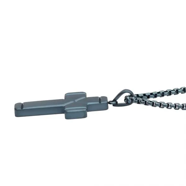 Blue IP Ridged Compact Cross Pendant with Cobalt Blue Box Chain Image 3 Erica DelGardo Jewelry Designs Houston, TX