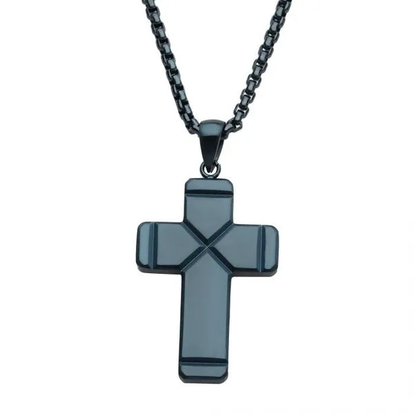 Blue IP Ridged Compact Cross Pendant with Cobalt Blue Box Chain Erica DelGardo Jewelry Designs Houston, TX