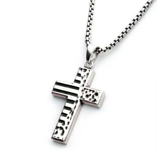 Sterling Silver Oxidized Coin Stamped Cross Pendant with Box Chain Image 2 Erica DelGardo Jewelry Designs Houston, TX