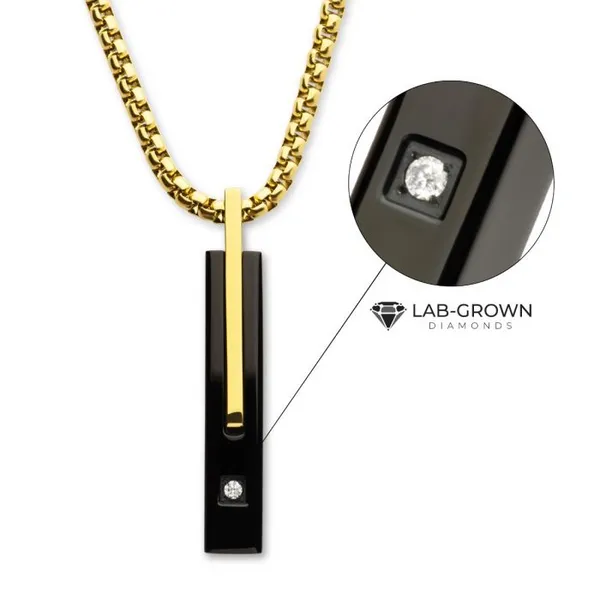 Black & Gold Plated Stainless Steel Lab-Grown Diamond Drop Pendant with Box Chain Image 2 Erica DelGardo Jewelry Designs Houston, TX