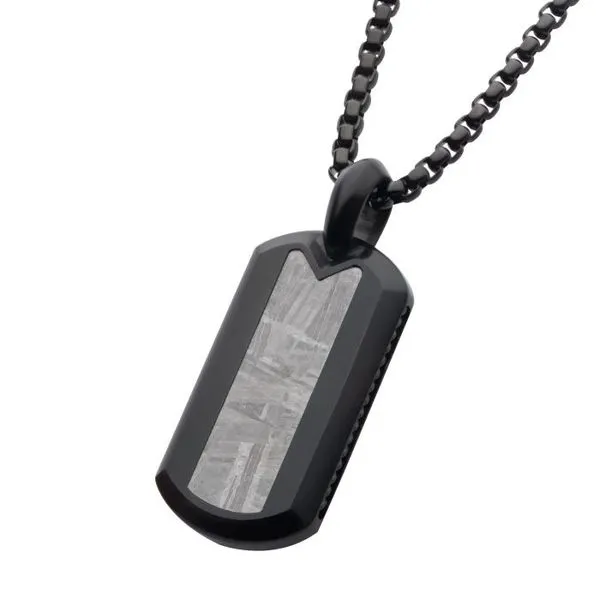 Meteorite Inlay Dog Tag Pendant with Black IP Box Chain Image 2 Erica DelGardo Jewelry Designs Houston, TX