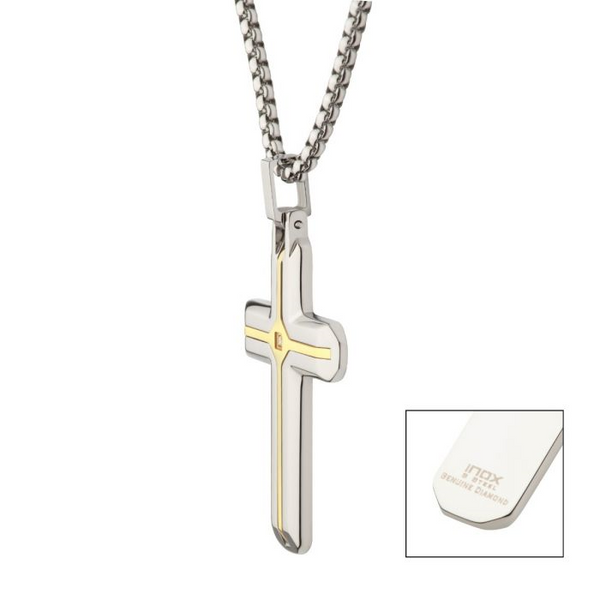 18K Gold Plated Stainless Steel Lab-Grown Diamond Cross Pendant with Box Chain Image 3 Erica DelGardo Jewelry Designs Houston, TX