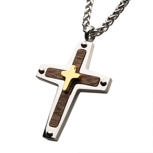 18K Gold Plated Cross Overlapped on a Steel Pendant with Walnut Wood Inlay, with Steel Wheat Chain Image 2 Erica DelGardo Jewelry Designs Houston, TX